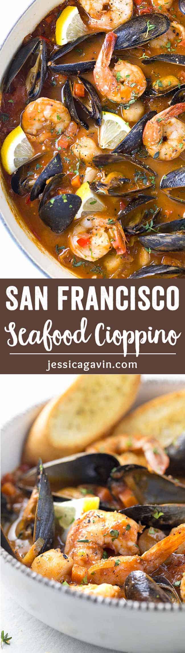 San Francisco Style Seafood Cioppino - A pot of fresh mussels, shrimp, and scallops simmered in a savory tomato and red wine broth. Served with homemade crunchy croutons!