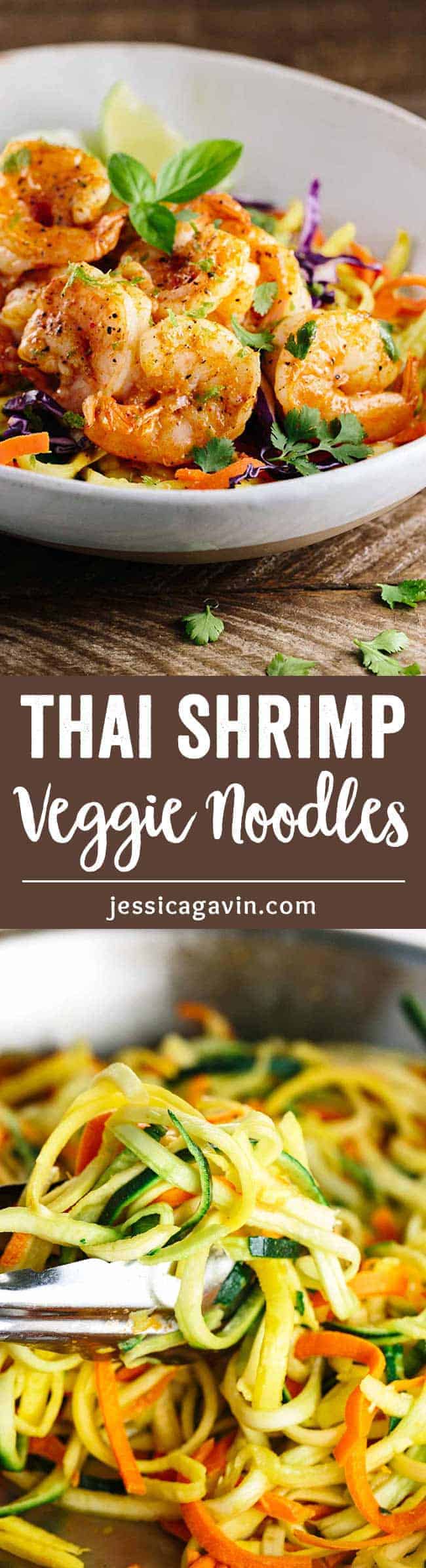 Thai Spiced Shrimp with Vegetable Noodles - Savory, spicy and addicting! A healthier way to enjoy exotic Thai flavors with a boost of nutrients in each bite.