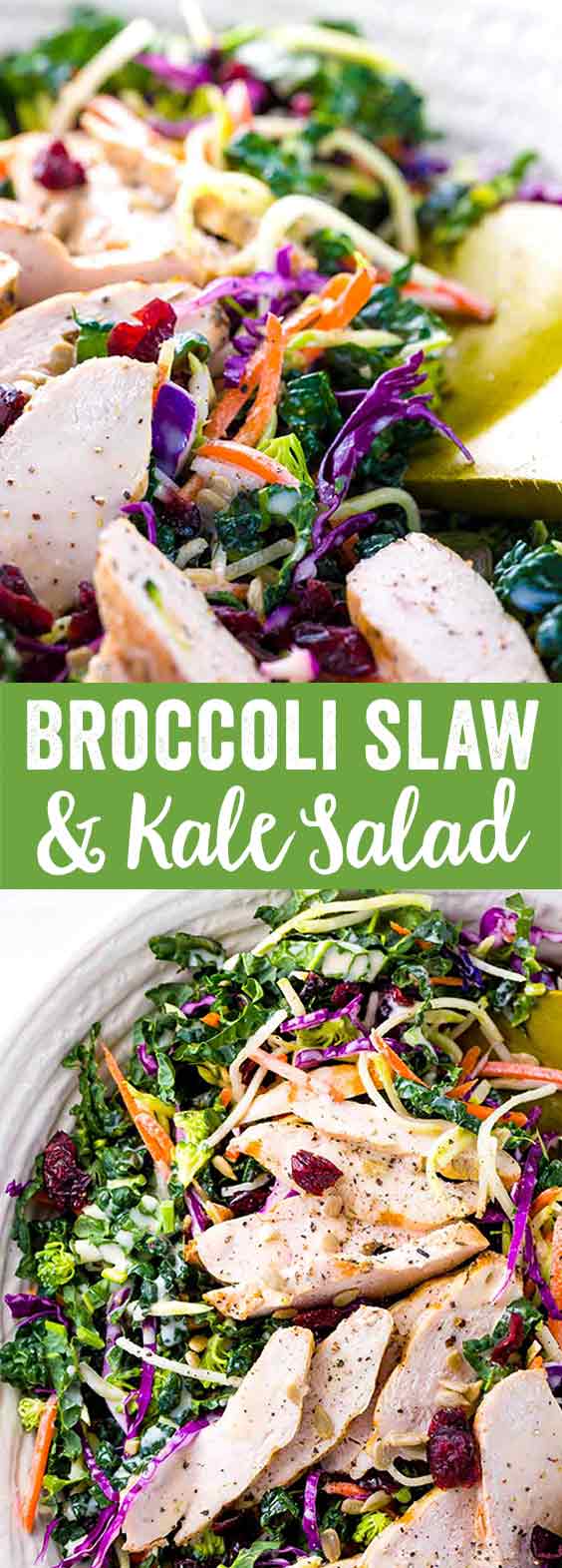 Broccoli slaw recipe mixed with kale, cabbage, carrots and chicken for a healthy salad. Fresh crunchy vegetables are tossed with a sweet & spicy dressing, and the lean protein makes this salad satisfying as a complete meal.