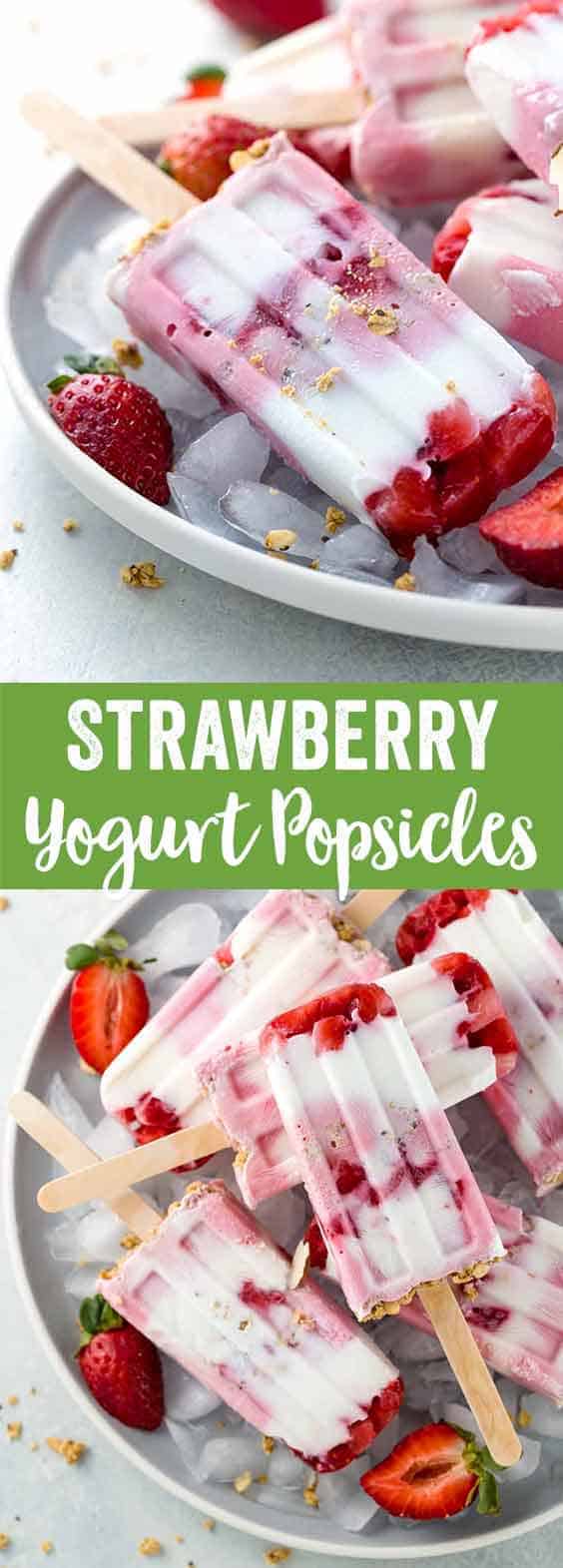 Beat the heat with these three ingredient strawberry yogurt popsicles with bits of granola. Each bar is layered with fresh fruit, protein, probiotics and under 100 calories!