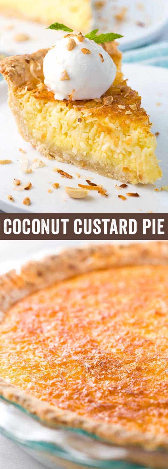 Coconut custard pie recipe with a flaky crust and egg custard filling. This tropical dessert is best served warm with a scoop of vanilla bean ice cream.