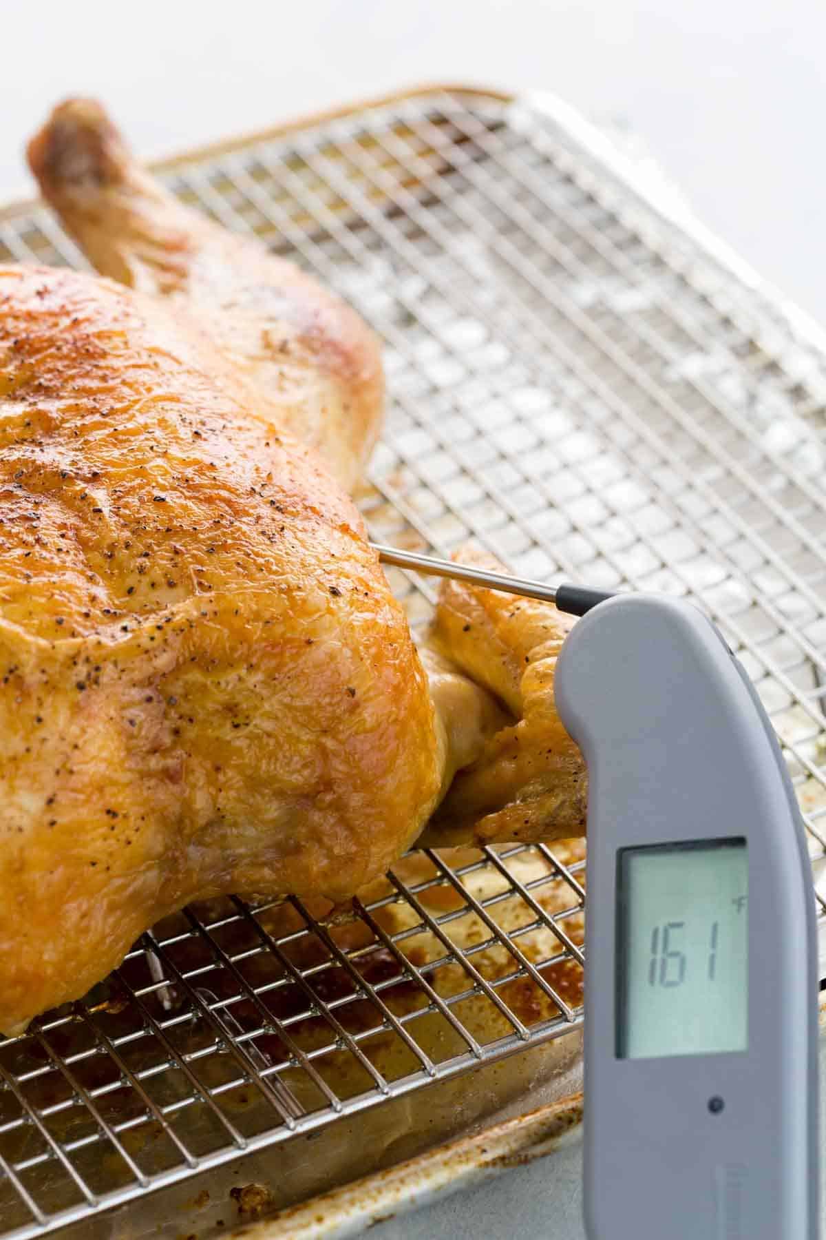 Digital meat thermometer inserted into a roasted chicken displaying 161 degrees Fahrenheit.