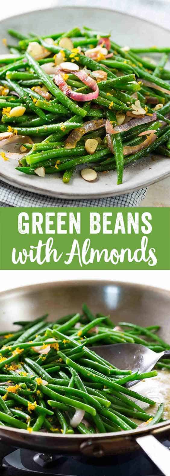 Green beans with almonds are a fast and healthy side dish. Sautéed with garlic, onions and orange juice, topped with crunchy nuts.