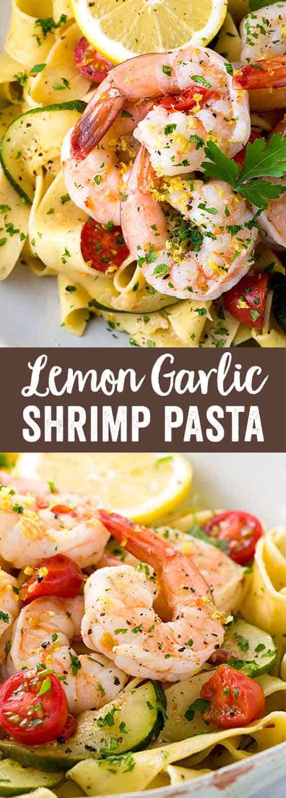 Shrimp pasta recipe with lemon garlic sauce served with zucchini and tomatoes. A simple, healthy meal prepared in only 30 minutes.
