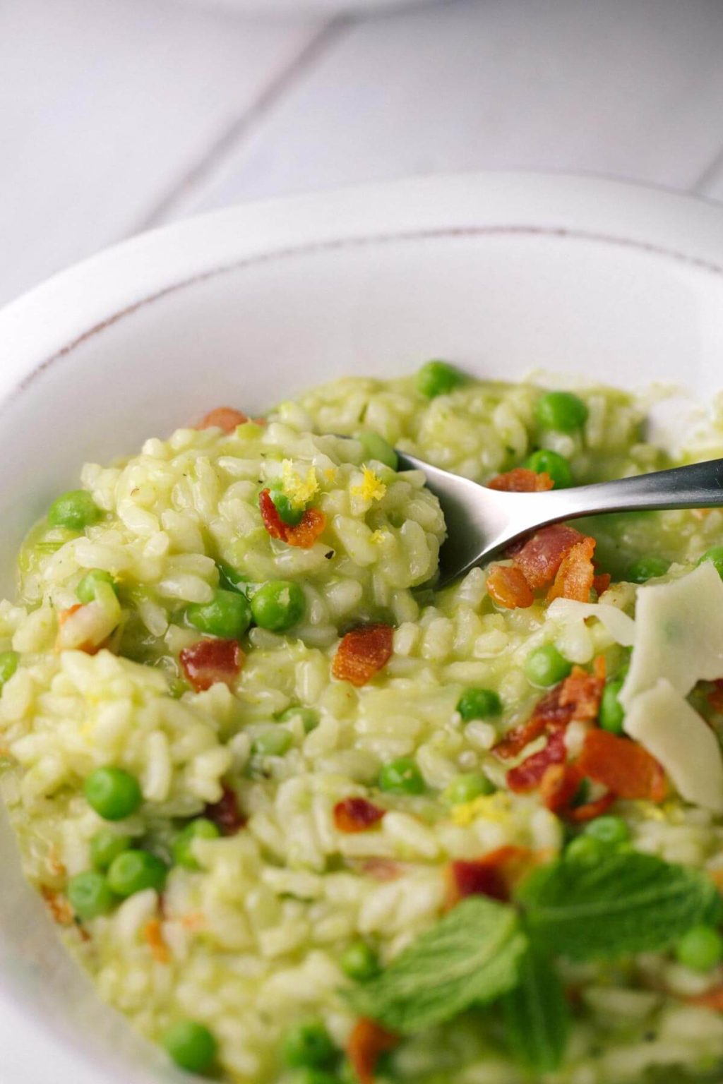 Creamy Pea Risotto with Bacon Jessica Gavin
