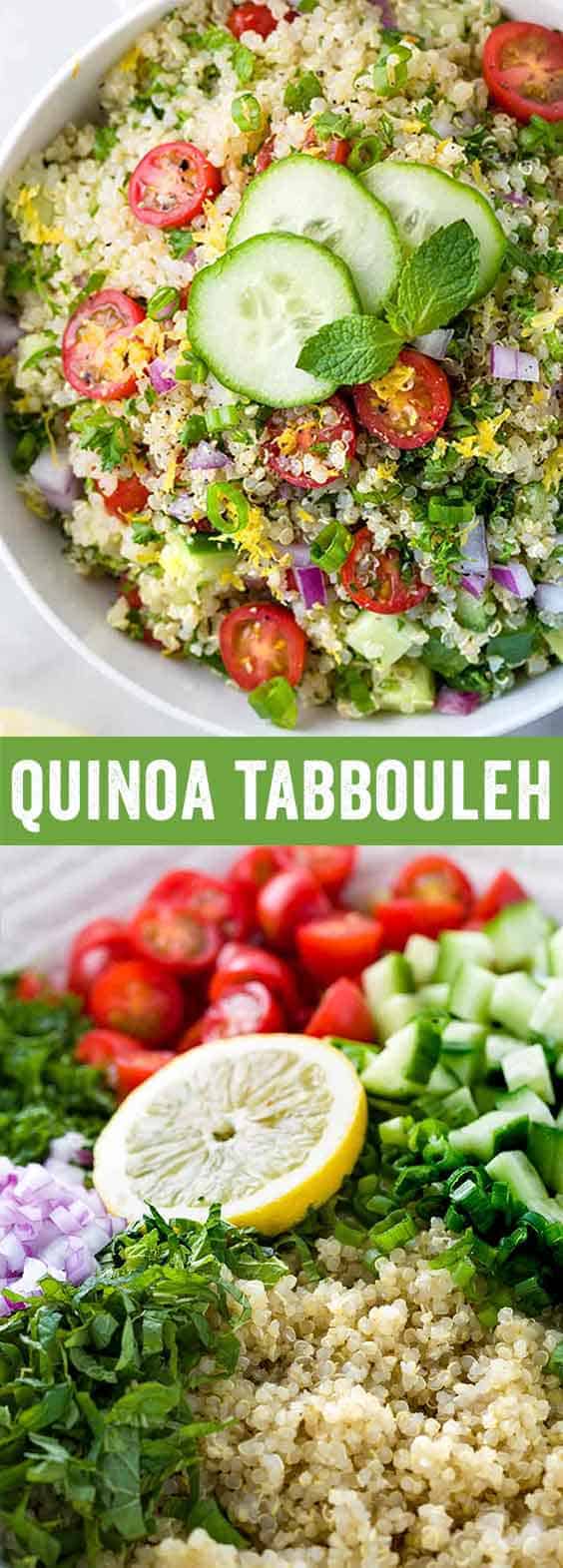 Quinoa tabbouleh is a low-calorie Middle Eastern side dish packed with plant protein, fresh vegetables, and herbs in each serving. This healthy salad is drizzled with a simple homemade lemon garlic dressing.