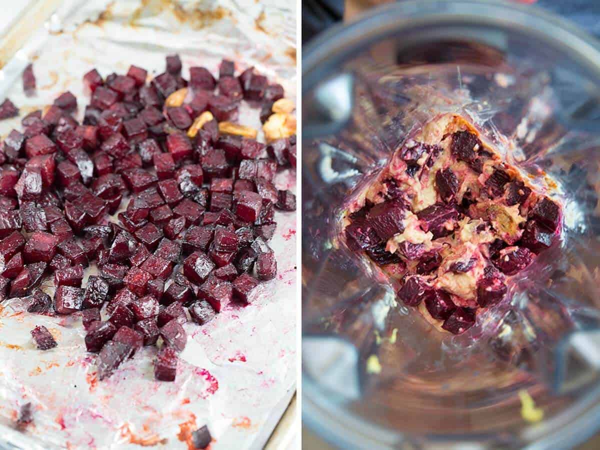 Roasted beets chopped up in small cubes and ready to blend.