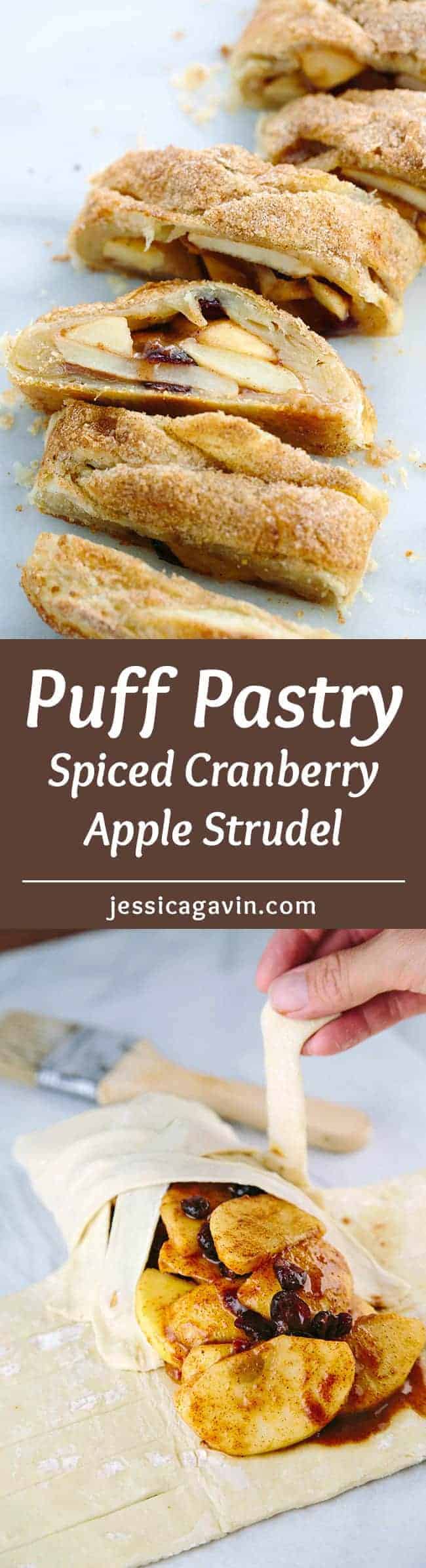 Spiced Cranberry Apple Strudel - This warm, crisp and flaky strudel recipe is a real crowd-pleaser! Tender puff pastry is braided and filled with cinnamon apples.