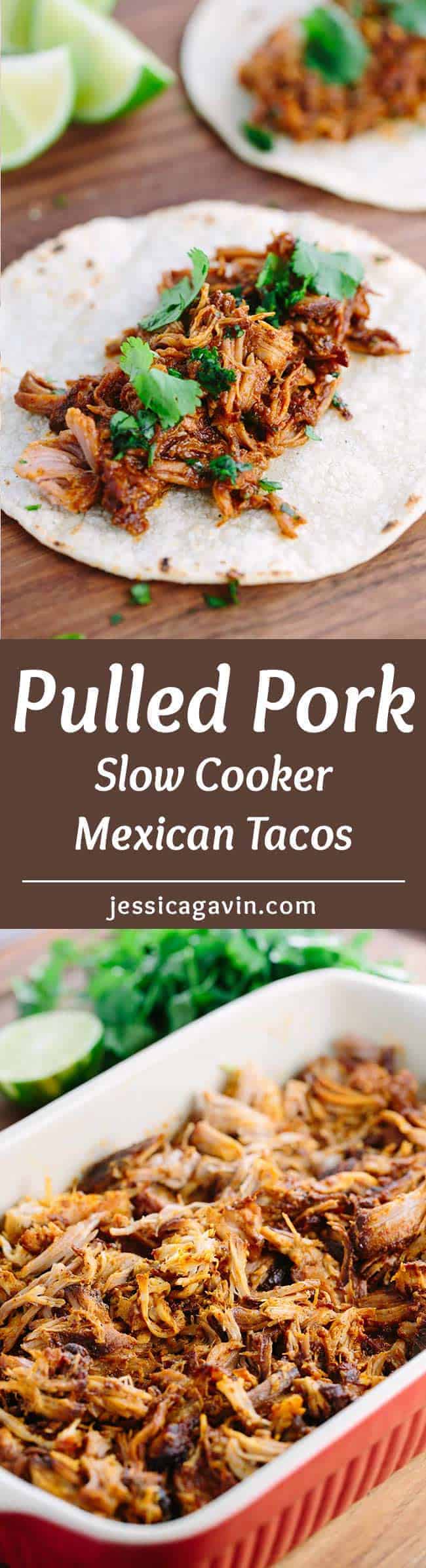 Slow Cooker Mexican Pulled Pork Tacos - Tender pork is simmered in a spicy-sweet mole sauce and filled in warm corn tortillas.