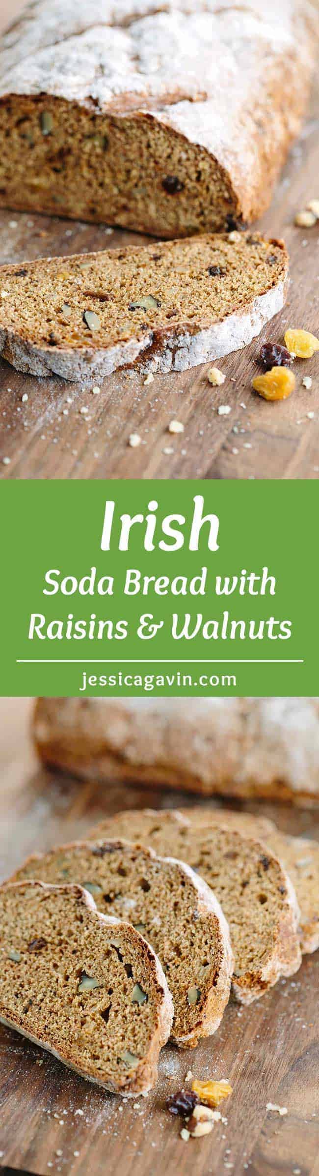 Irish Soda Bread with Raisins and Walnuts - The easiest bread you will ever make! Tender bread with a hint of sweetness, bitterness, and creamy, nutty flavor. Happy St. Patrick's Day!