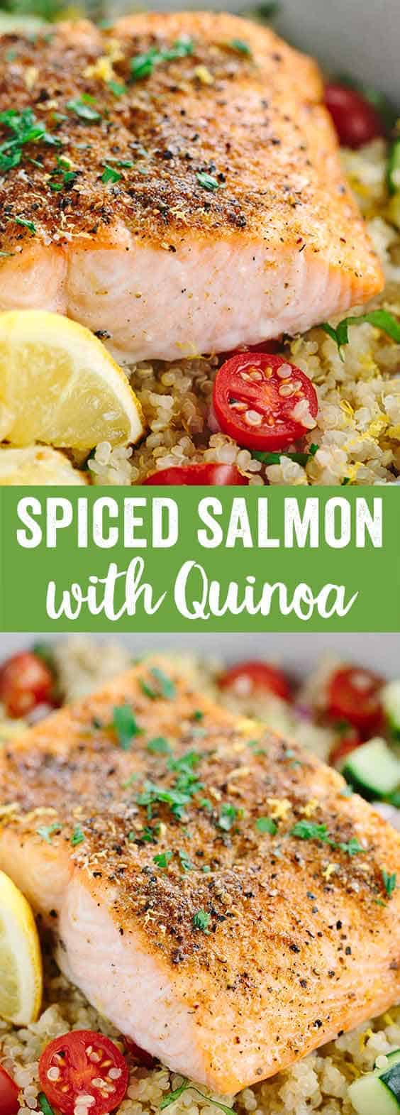 Mediterranean Spiced Salmon and Vegetable Quinoa - This healthy recipe is packed with protein packed! Earthy spices roasted lemons and fresh vegetables in each bite.