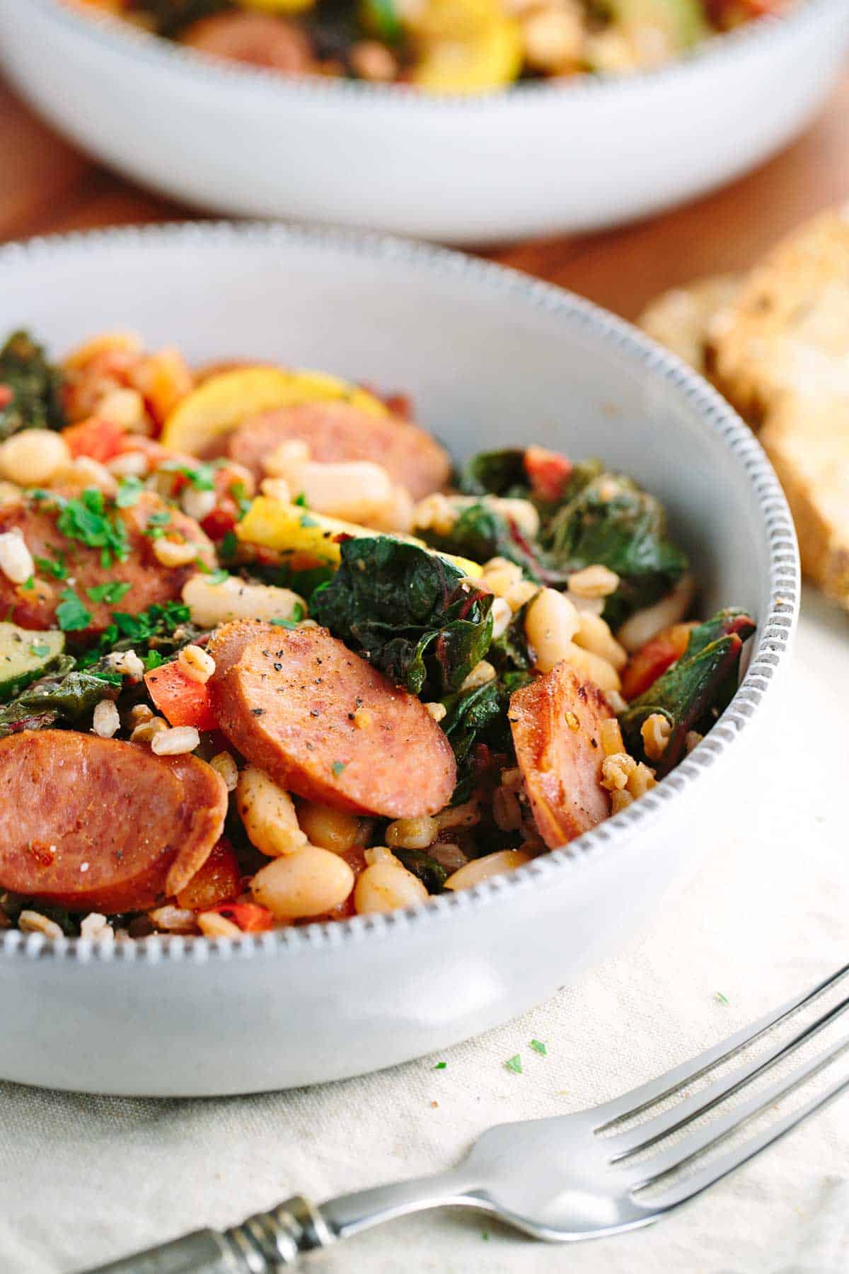 Italian White Bean Vegetable Farro Stew with Sausage Jessica Gavin