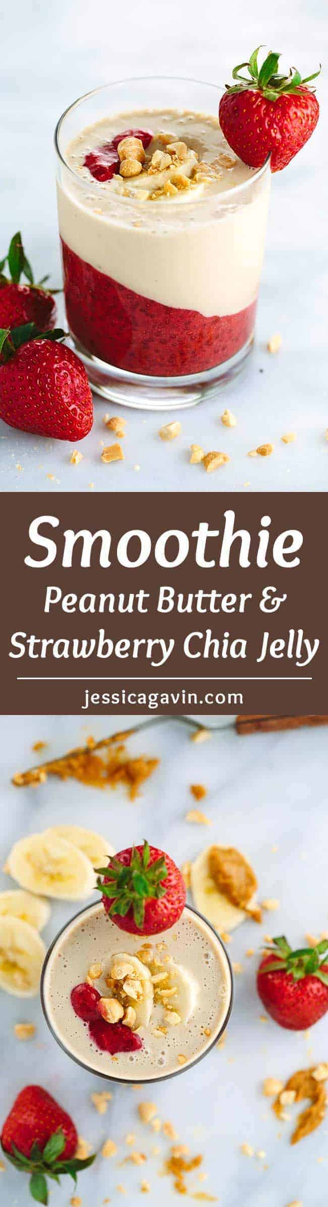 Peanut Butter and Strawberry Chia Jelly Smoothie - Feeling like a PB&J sandwich but without the bread? Here's a healthy recipe alternative that will energize your day! No refined sugars, just tasty wholesome ingredients.