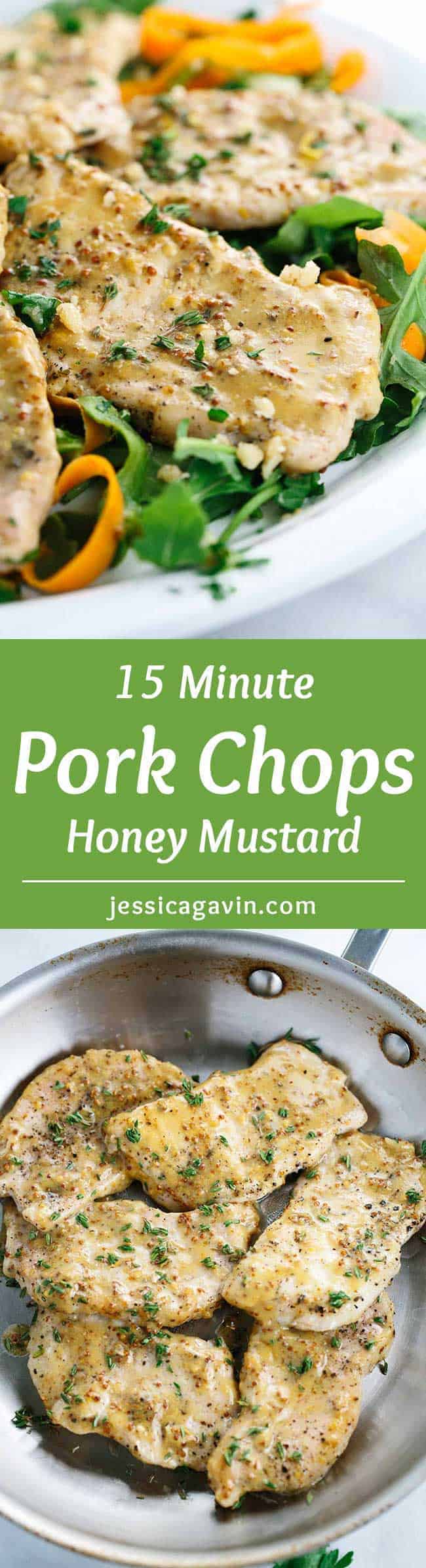 15 Minute Honey Mustard Pork Chops - In a rush for dinner? Here\'s a quick recipe for sauteed lean pork glazed with a tangy and sweet mustard sauce.