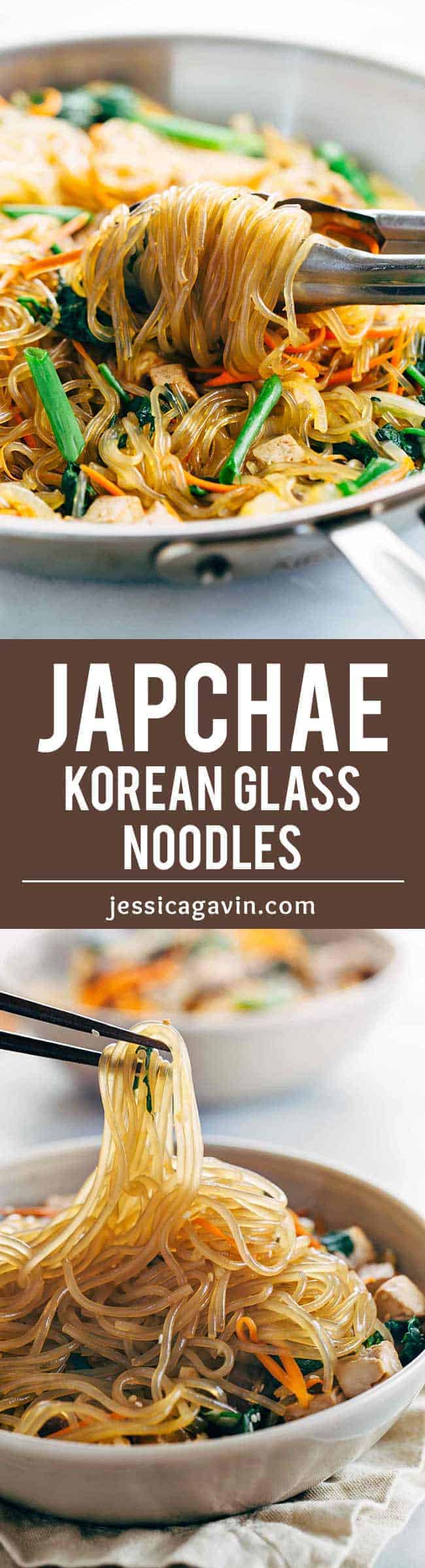 Japchae Korean Glass Noodles with Tofu - Each bite is packed with healthy vegetables and plant protein for a delicious gluten free meal.