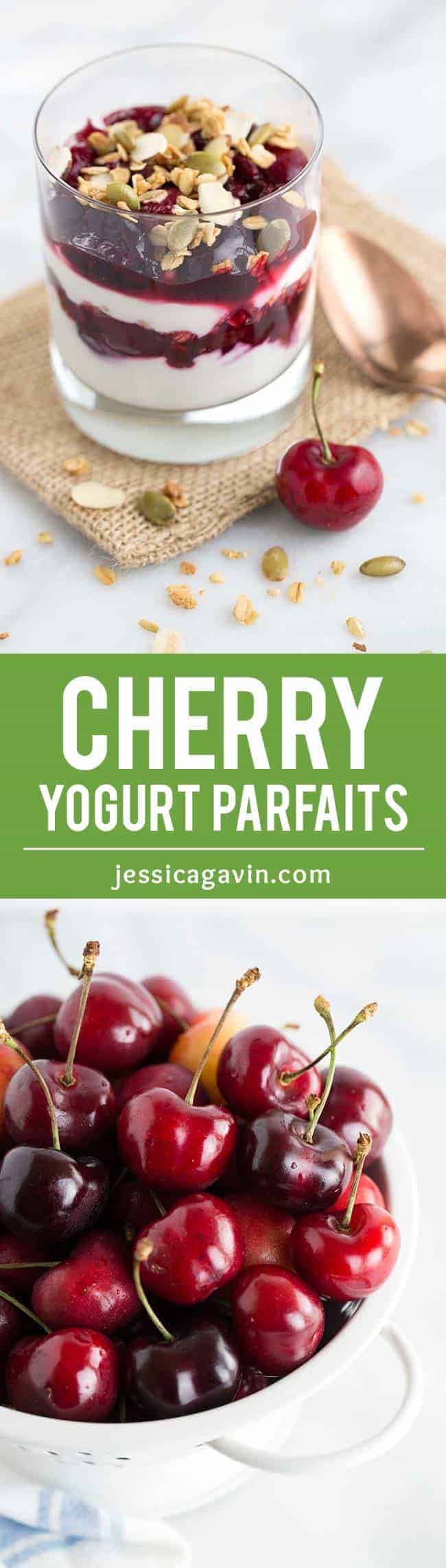 Cherry Yogurt Parfaits with Crunchy Granola - A healthy and simple breakfast solution! Two ingredient fresh cherry compote is layered with creamy yogurt and granola.