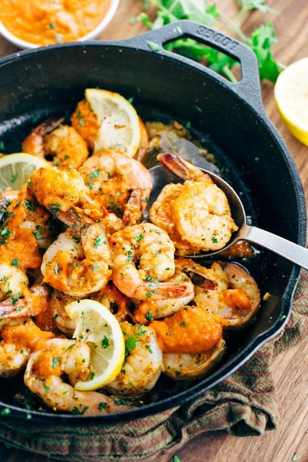 Garlic Shrimp Skillet with Roasted Red Pepper Sauce