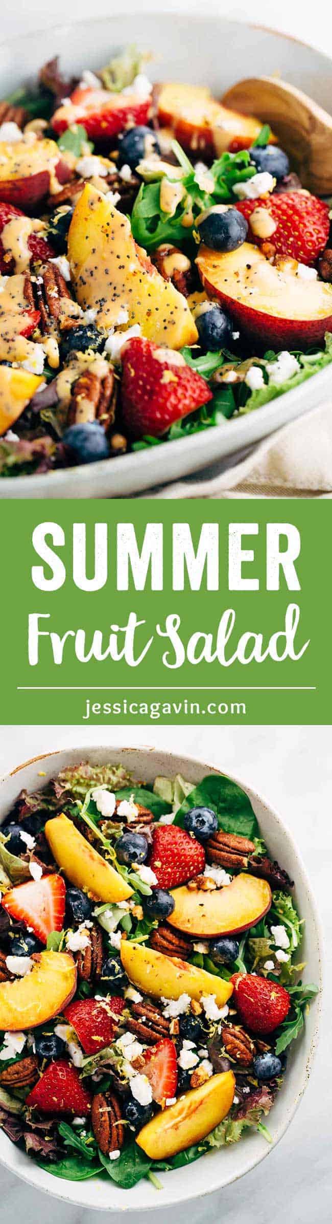 Summer Fruit Salad with Peach Poppy Seed Dressing – Light and healthy salad served with a ripe peach dressing ready in five minutes or less!