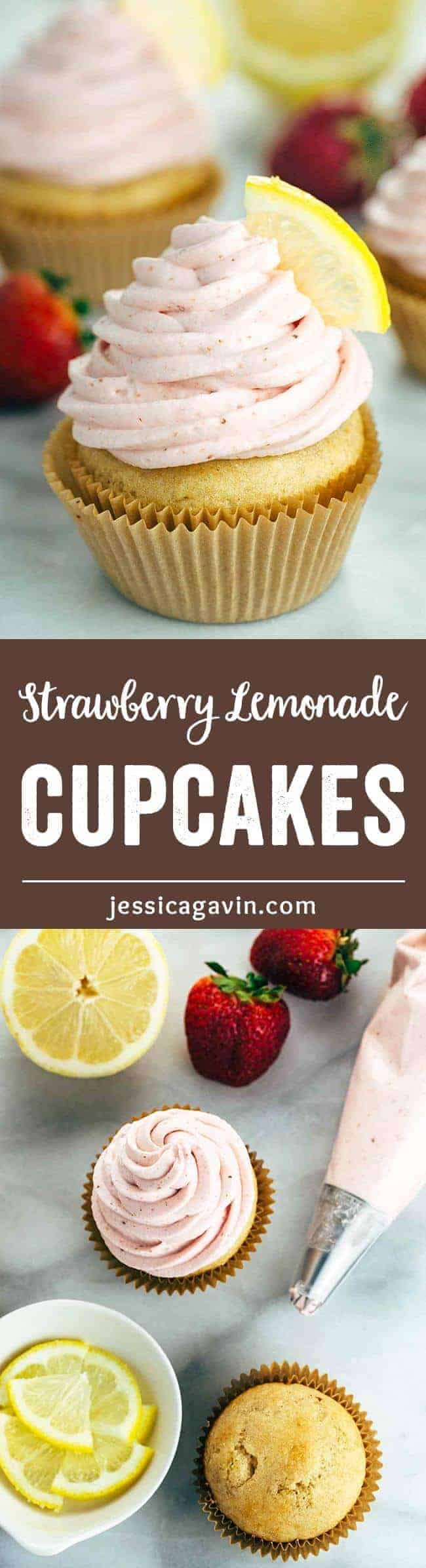 Strawberry Lemonade Cupcakes - These zesty lemon cupcakes are topped with fresh strawberry whipped cream for a light and fruity dessert. The perfect summertime treat!