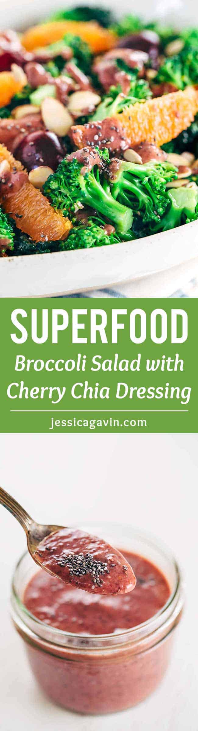 Superfood Broccoli Salad with Cherry Chia Dressing - Packed with eight different nutrient rich ingredients for a wholesome and satisfying dish!