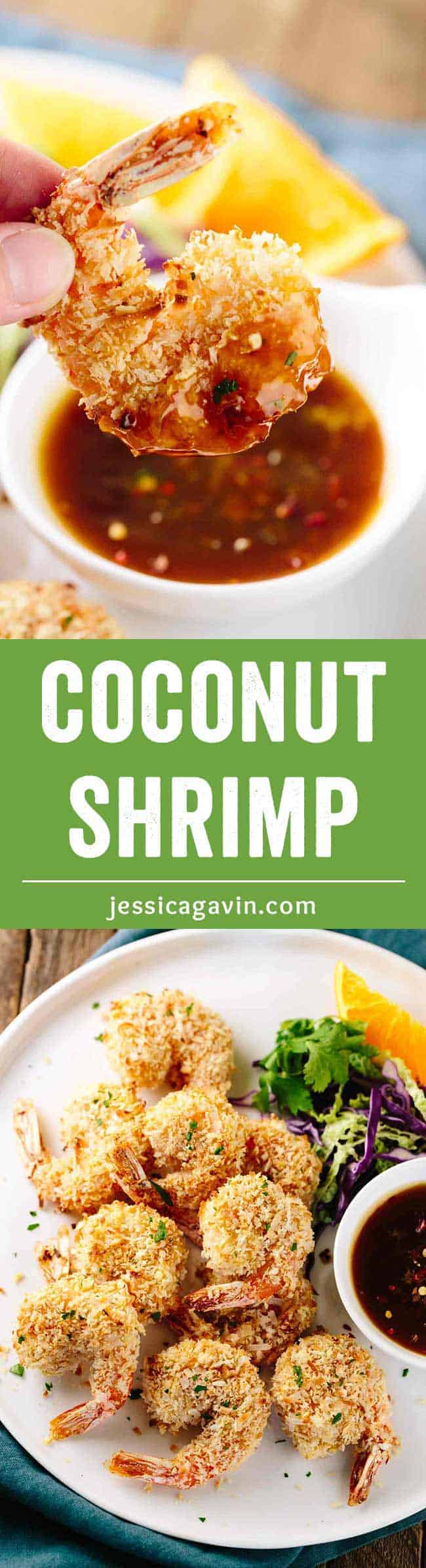Crunchy Baked Coconut Shrimp with Orange Sauce - A healthier twist on a tropical seafood appetizer made with only five ingredients! Served with an orange honey dipping sauce.