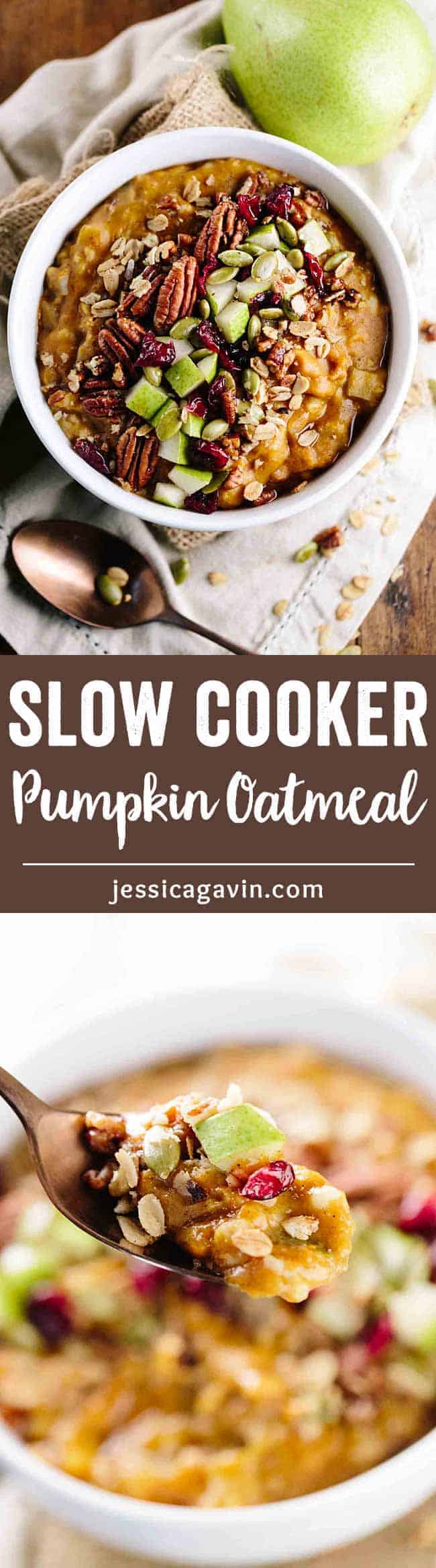 Healthy Pumpkin Slow Cooker Steel Cut Oatmeal - A wholesome recipe perfect for fall mornings and meal prep breakfast solution! Made with warm spices and pears for a natural sweetness, add your favorite toppings.