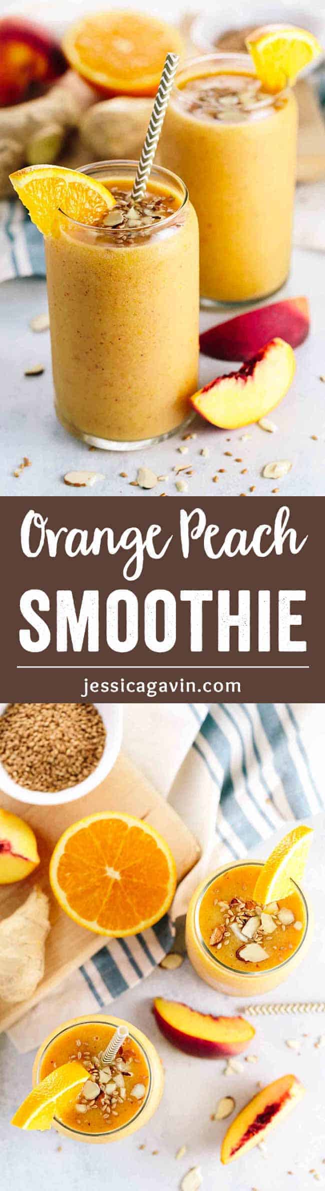 Refreshing Orange Peach Ginger Smoothie - A quick and energizing beverage with no added refined sugars. Made with just 5 simple wholesome ingredients and get a quick boost of vitamins and fiber in each sip!