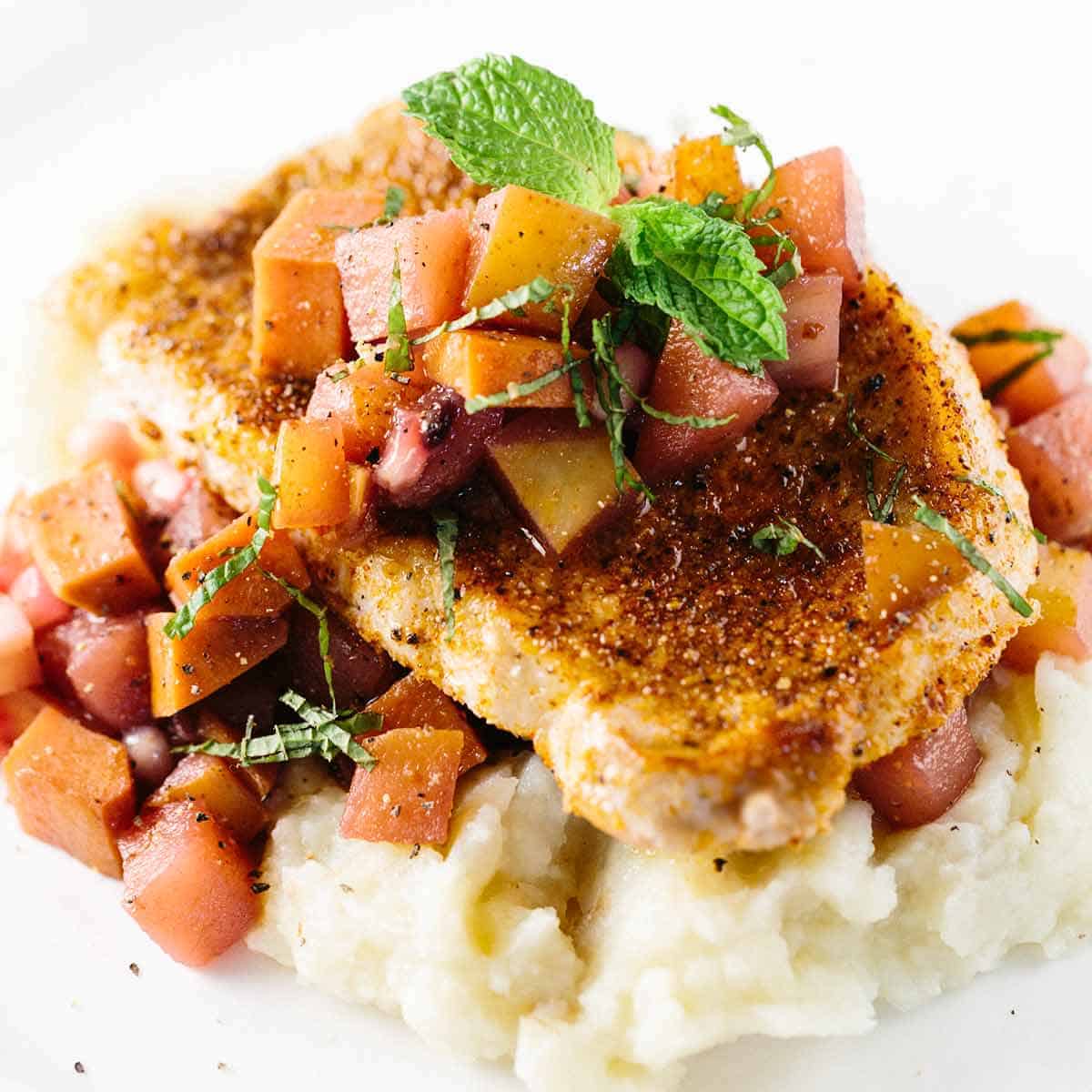 Spiced Maple Glazed Pork Chops with Pear Chutney