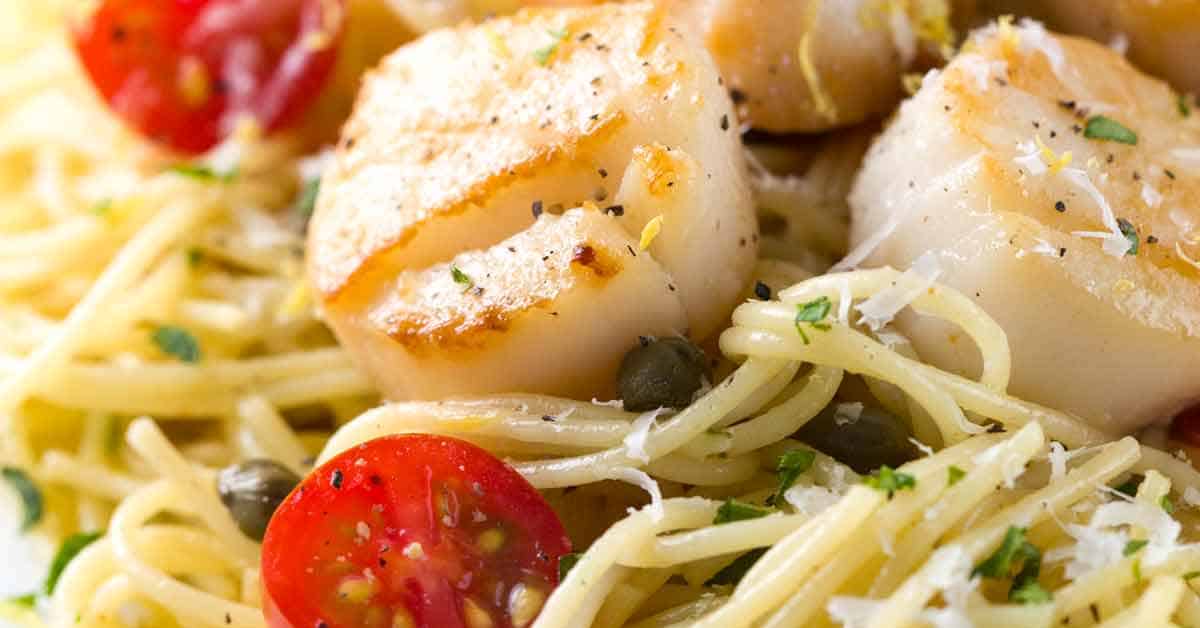 Pan Seared Scallops with Lemon Caper Pasta Jessica Gavin