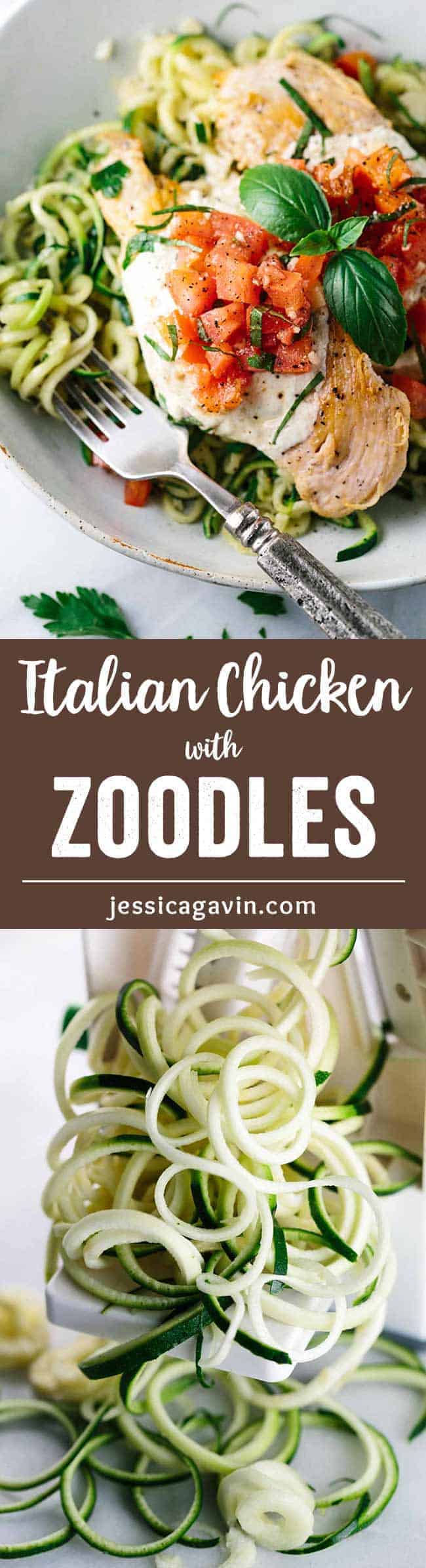 Bruschetta Chicken with Zucchini Noodles - Classic Italian comfort food gets a healthy twist with spiralized vegetable noodles!