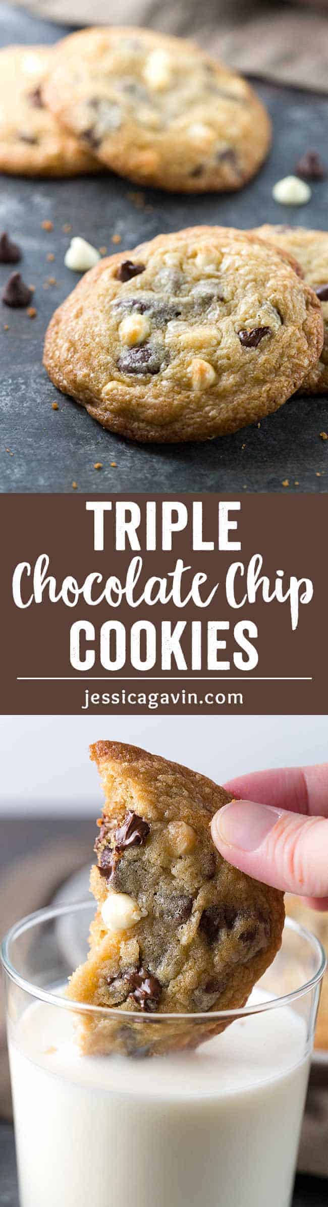 Soft Triple Chocolate Chip Cookies - Bakery style jumbo cookies made with white, semi-sweet and bittersweet chocolate for a chewy trifecta of flavor!