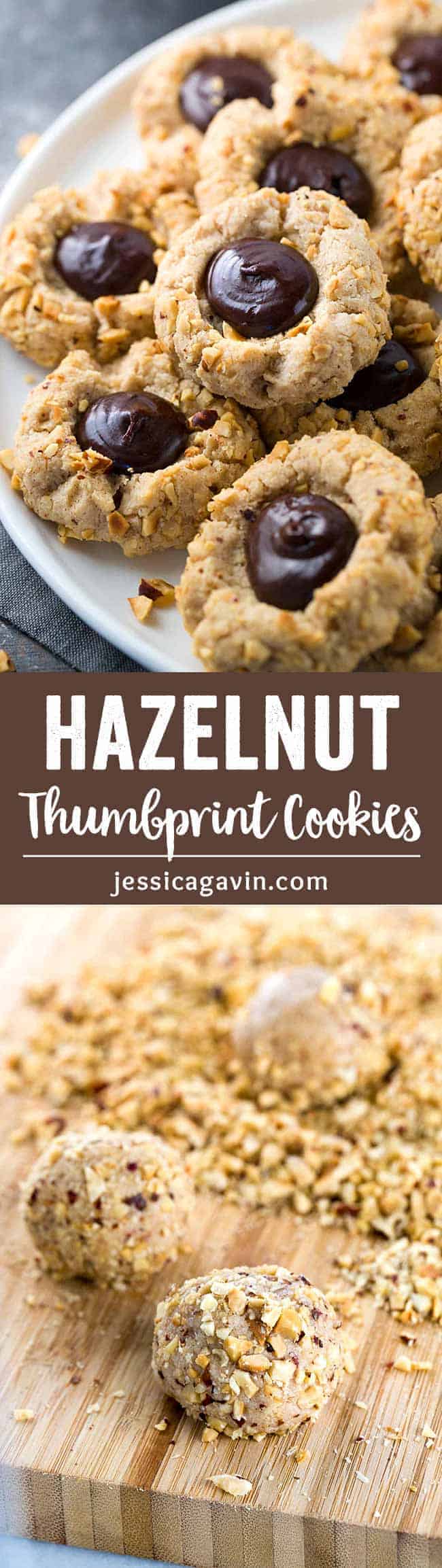 Gluten Free Chocolate Hazelnut Thumbprint Cookies - These decadent sweet treats are so simple to make! Rolled in crunchy hazelnuts and filled with silky chocolate ganache.