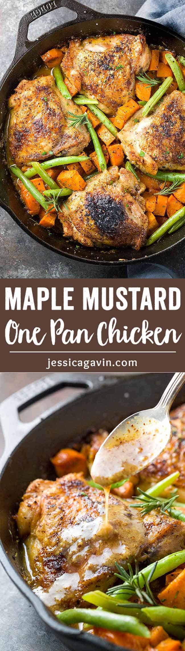 One Pan Chicken with Maple Mustard Sauce - An easy one pan chicken skillet recipe bursting with flavor! Crispy thighs roasted with sweet potatoes, green beans, and a sweet but tangy sauce.