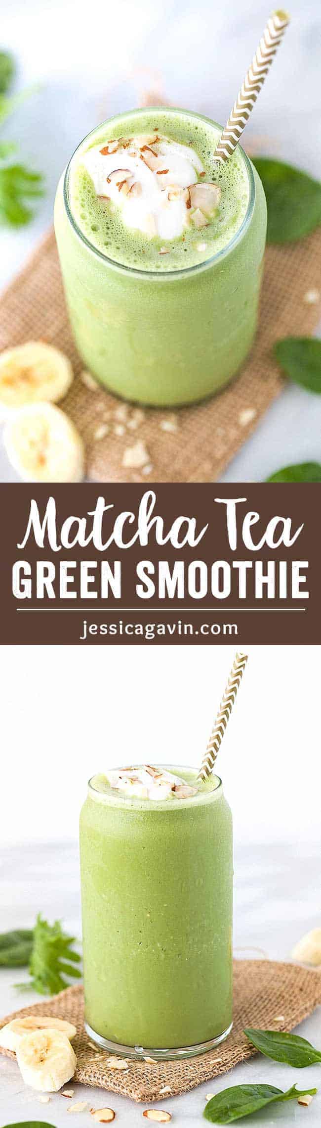 Super Green Smoothie with Matcha Tea- This easy smoothie recipe will energize you in an instant! A healthy blend of green tea, yogurt, almonds, banana, spinach and kale all in one delicious sip.