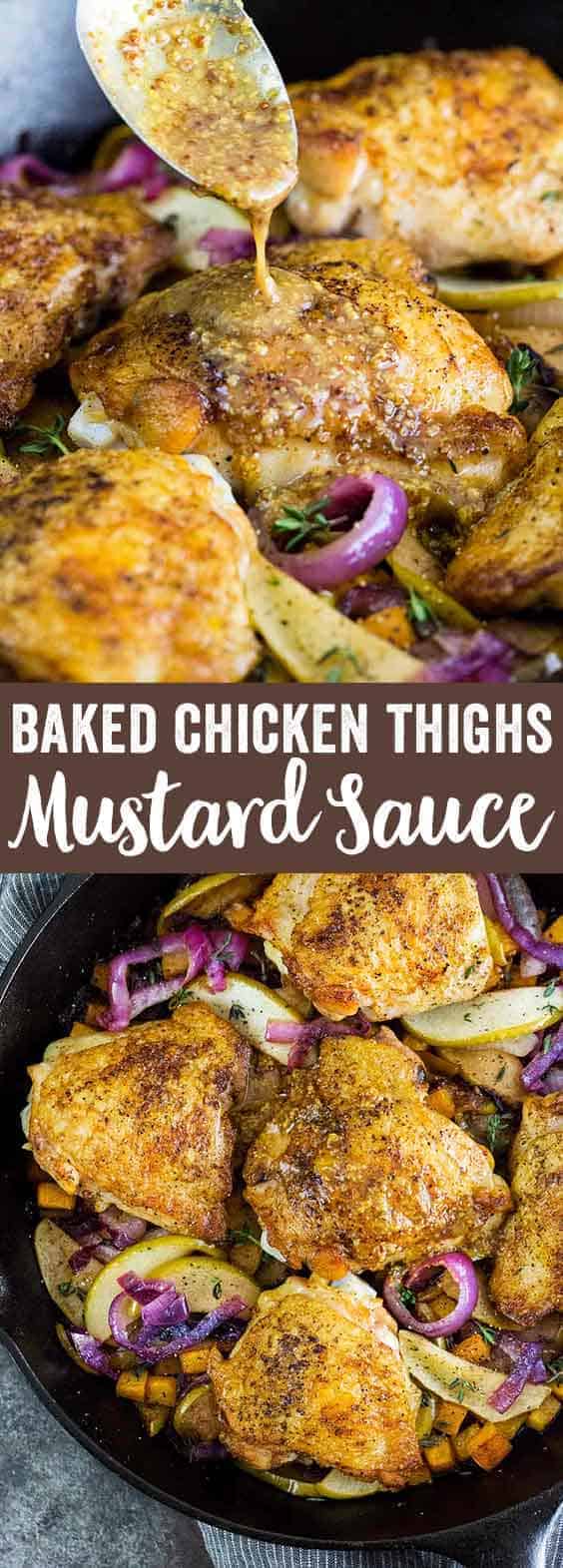 Baked chicken thighs with maple dijon sauce is an easy one-pan roasted recipe. The skillet is loaded with vegetables, tender apples, and a tangy topping.
