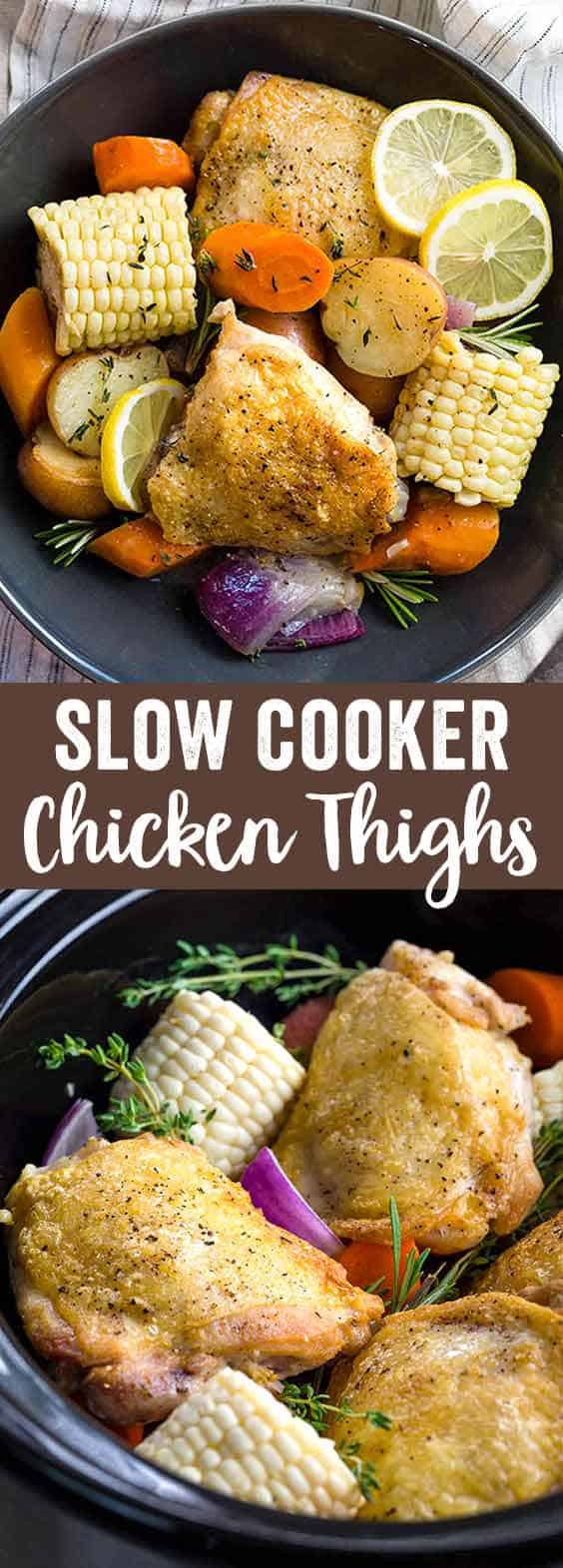 Slow cooker chicken thighs served with hearty vegetables is a complete meal made easy! Tender pieces of chicken, potatoes, carrots, and corn, all simmered in a lemon garlic herb sauce.