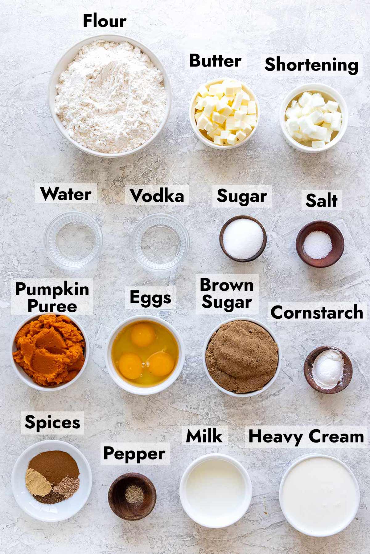List of ingredients needed to make this pumpkin pie recipe.
