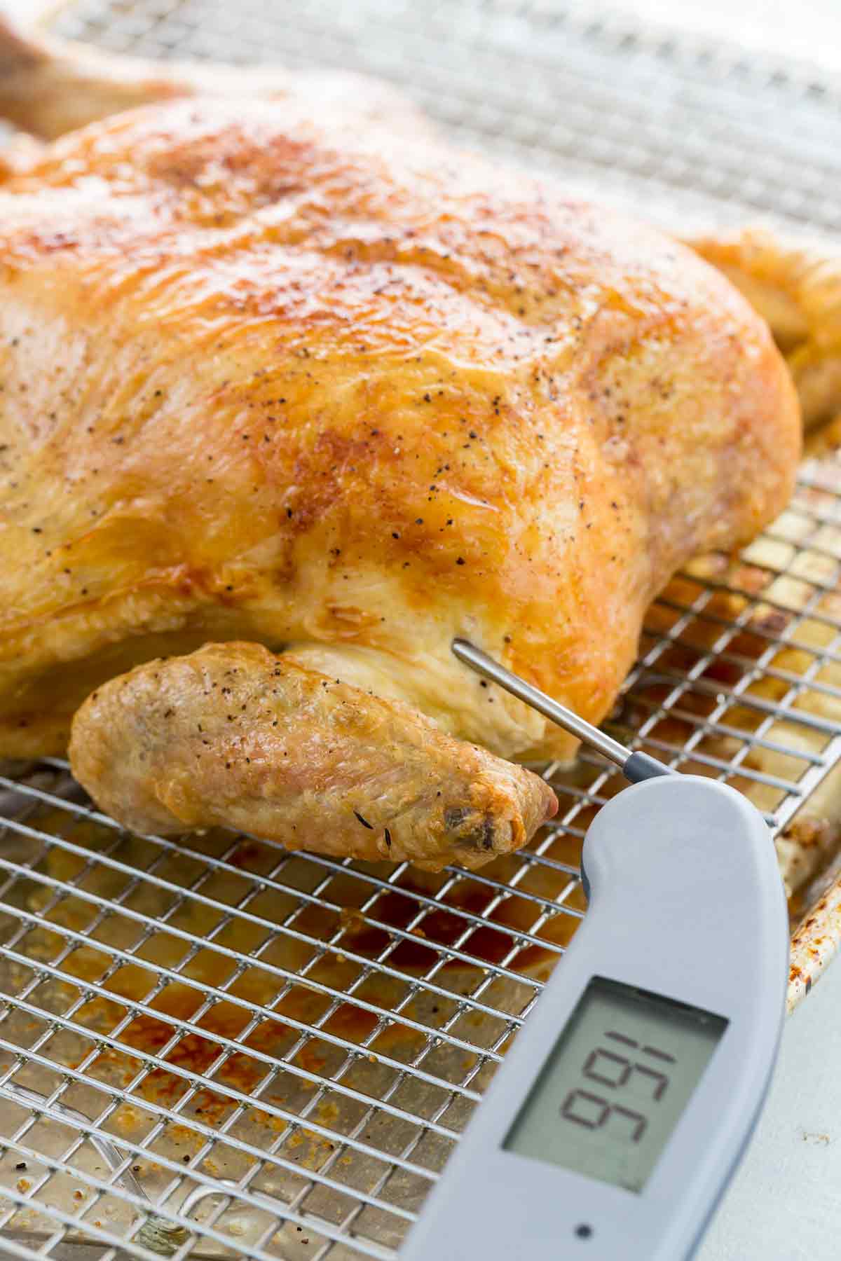 Using a meat thermometer to check internal temperature of a chicken.