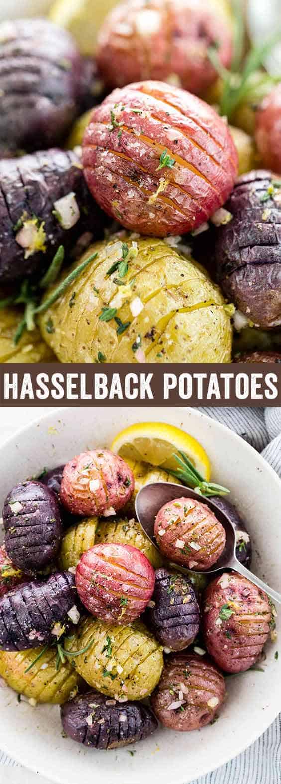 Hasselback potatoes roasted until crisp and topped with a tangy lemon garlic sauce. A flavorful and wholesome side dish bursting with fresh herbs and seasonings.