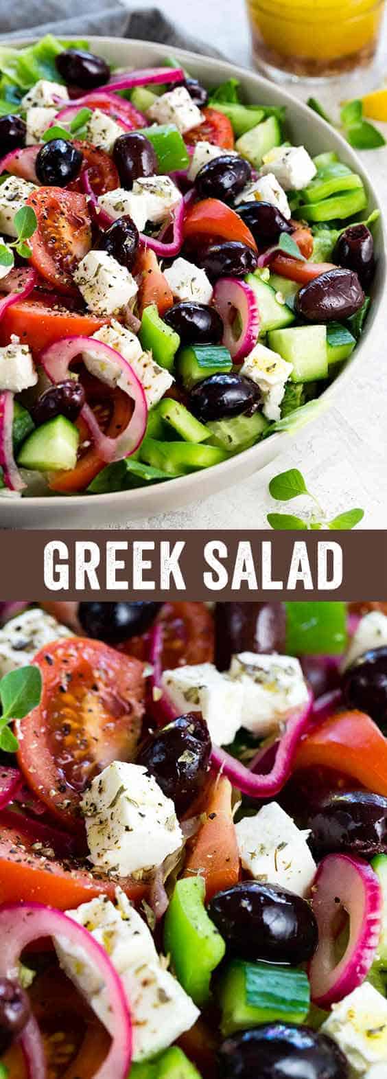 This Greek salad is a healthy vegetable packed appetizer drizzled with a homemade red wine vinegar dressing. Each serving contains creamy feta cheese, kalamata olives, tomatoes, bell peppers, cucumbers and red onion. #greeksalad #greekfood #feta