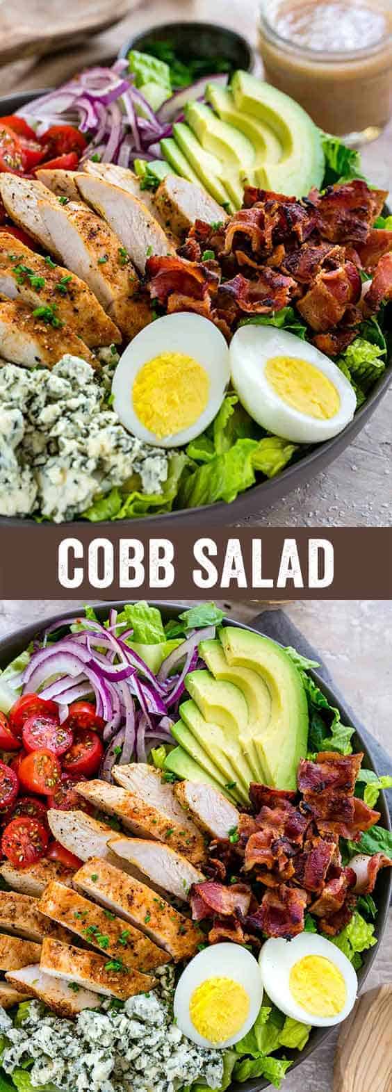 The cobb salad is a main-dish American garden salad that's created with chicken, bacon, eggs, avocado, tomato, red onions, blue cheese, and drizzled with a tangy red wine vinegar dressing.