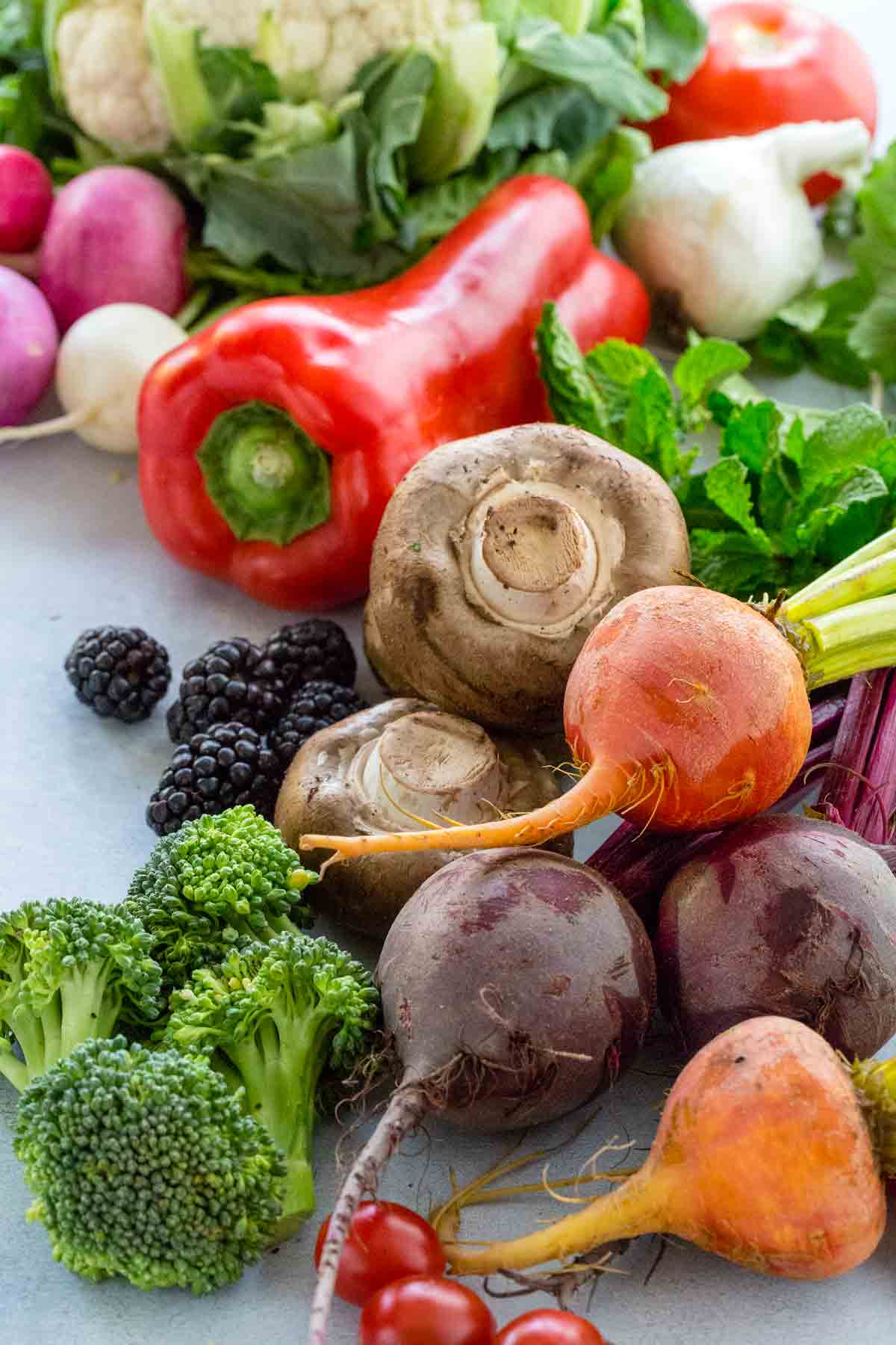 Photo of fruits and vegetables that make up the vegan diet.