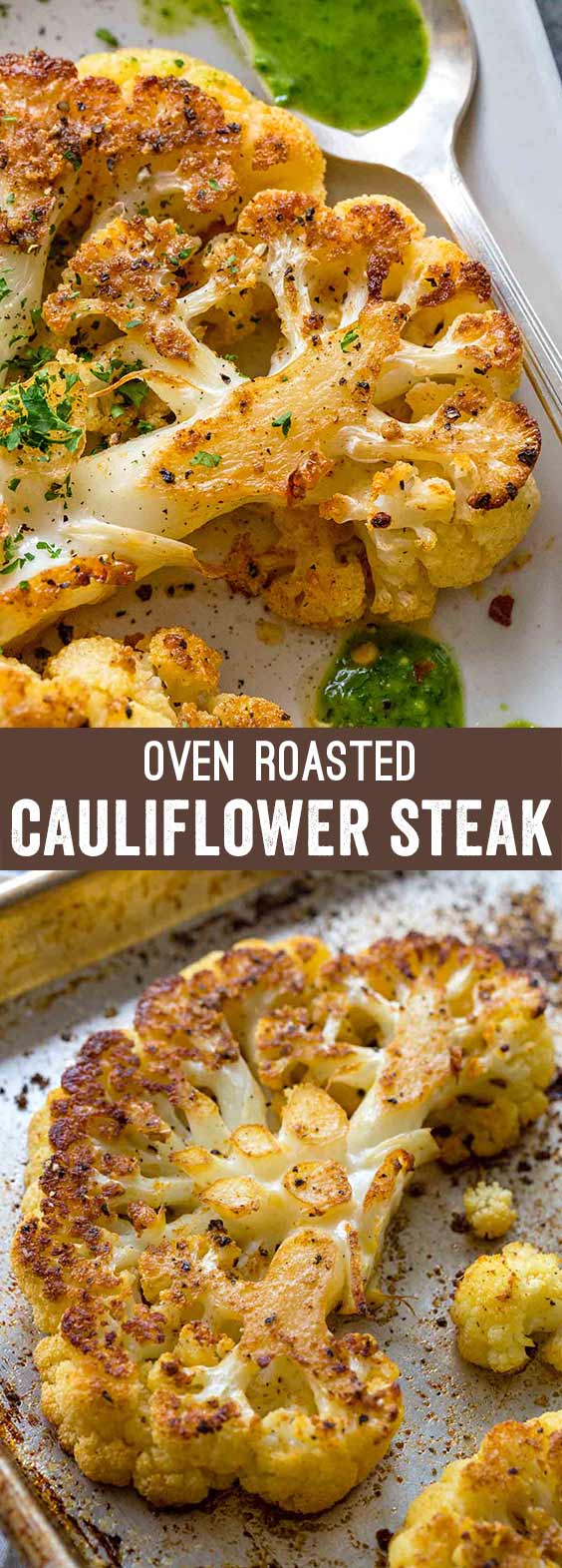 Cauliflower steaks made oven roasted with simple seasonings like salt, pepper, garlic powder, and paprika. Cutting the cauliflower into thick slices makes for a hearty and satisfying plant-based meal. #cauliflowersteaks #lowcarb