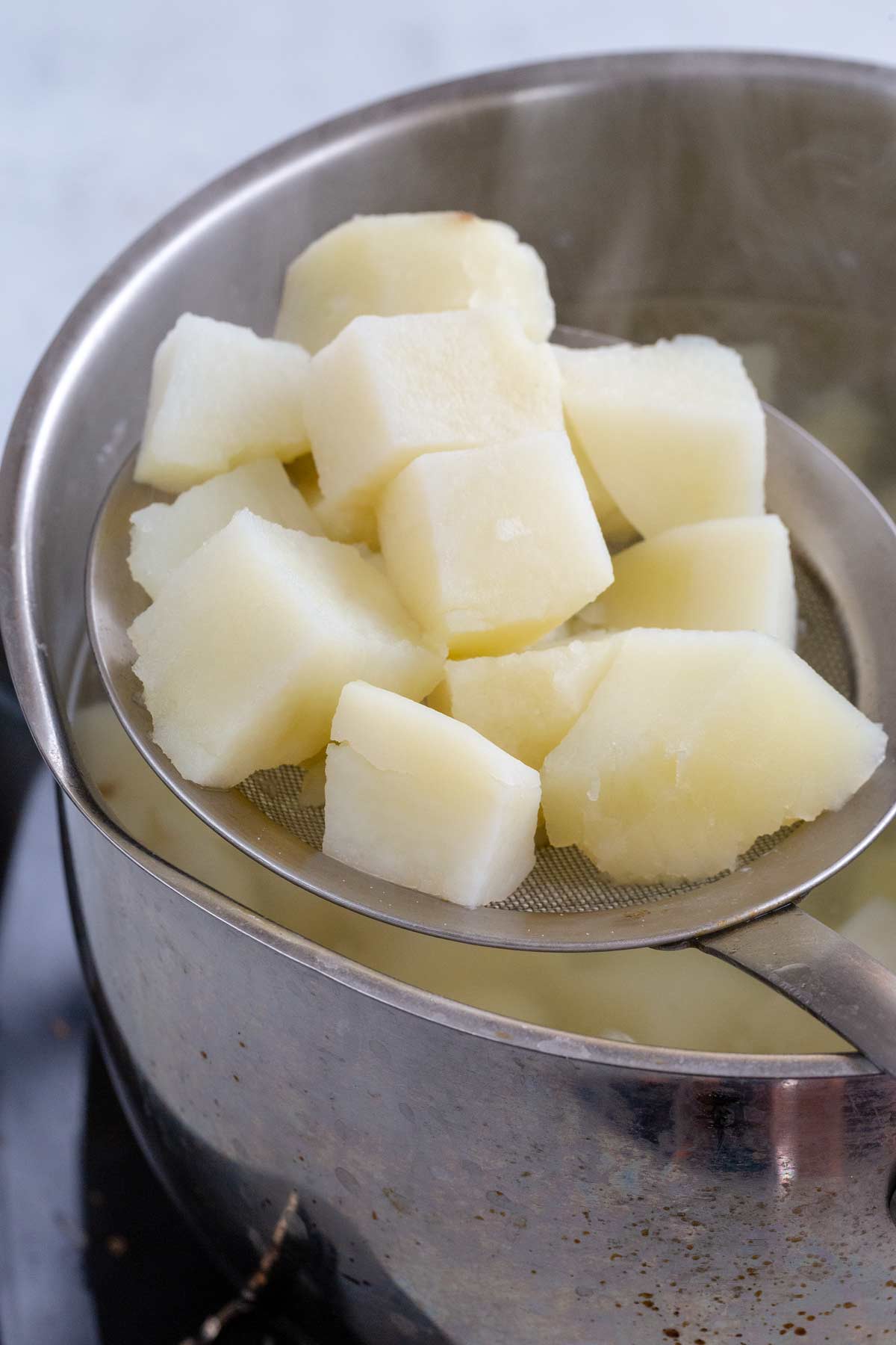 Cubes of cooked russet potatoes.
