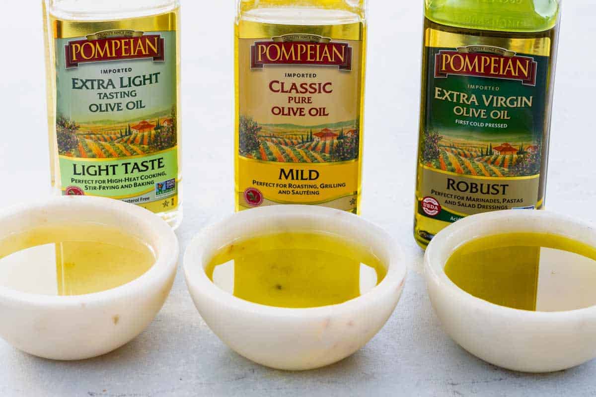 Three different types of olive oil.