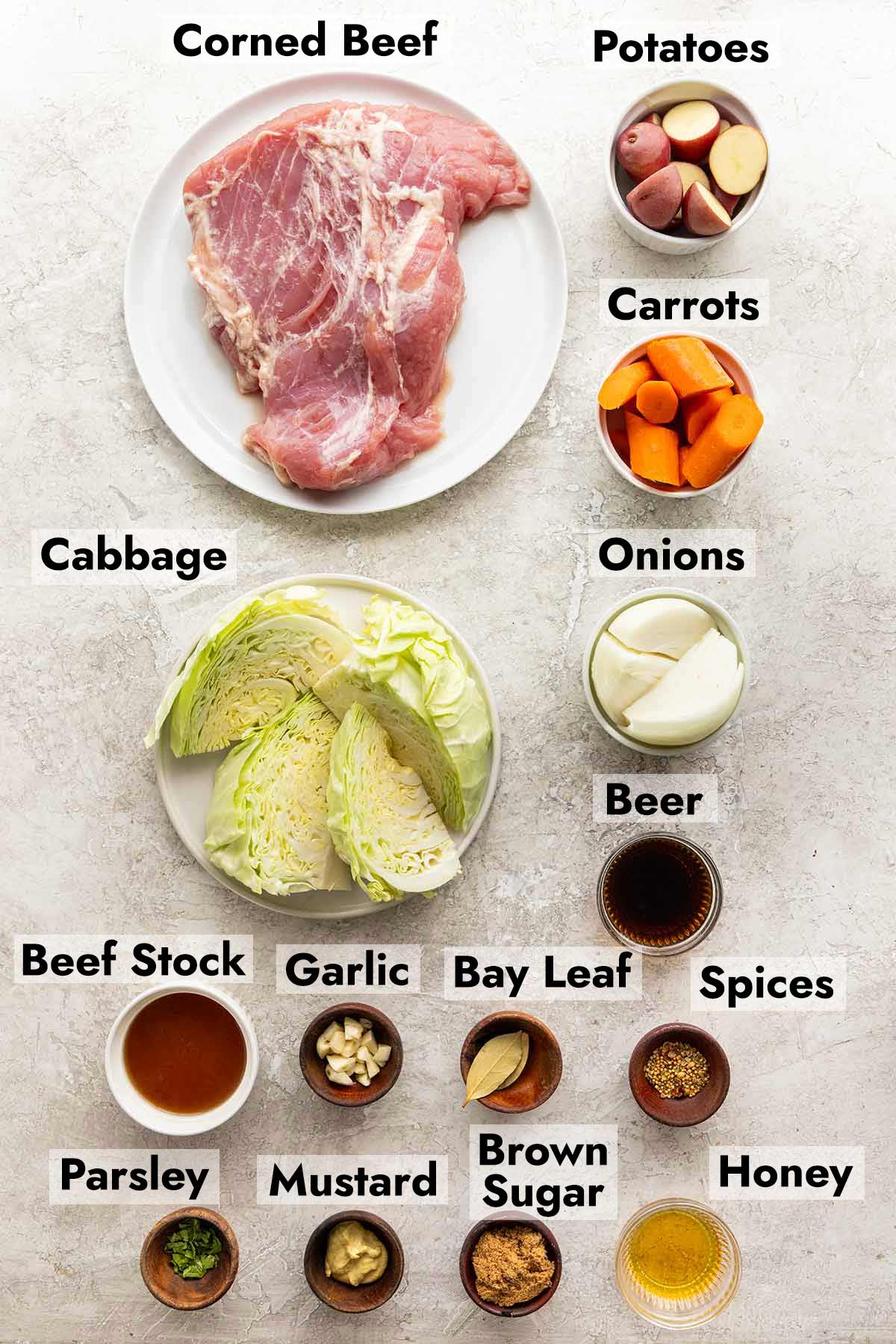 List of ingredients needed to cook corned beef and cabbage in the Instant Pot.