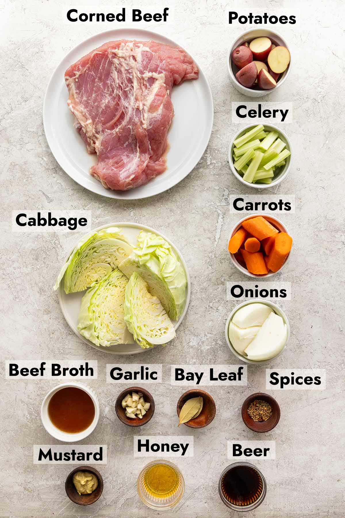Corned beef, potatoes, celery, cabbage, carrots, and other ingredients to make this slow cooker recipe.
