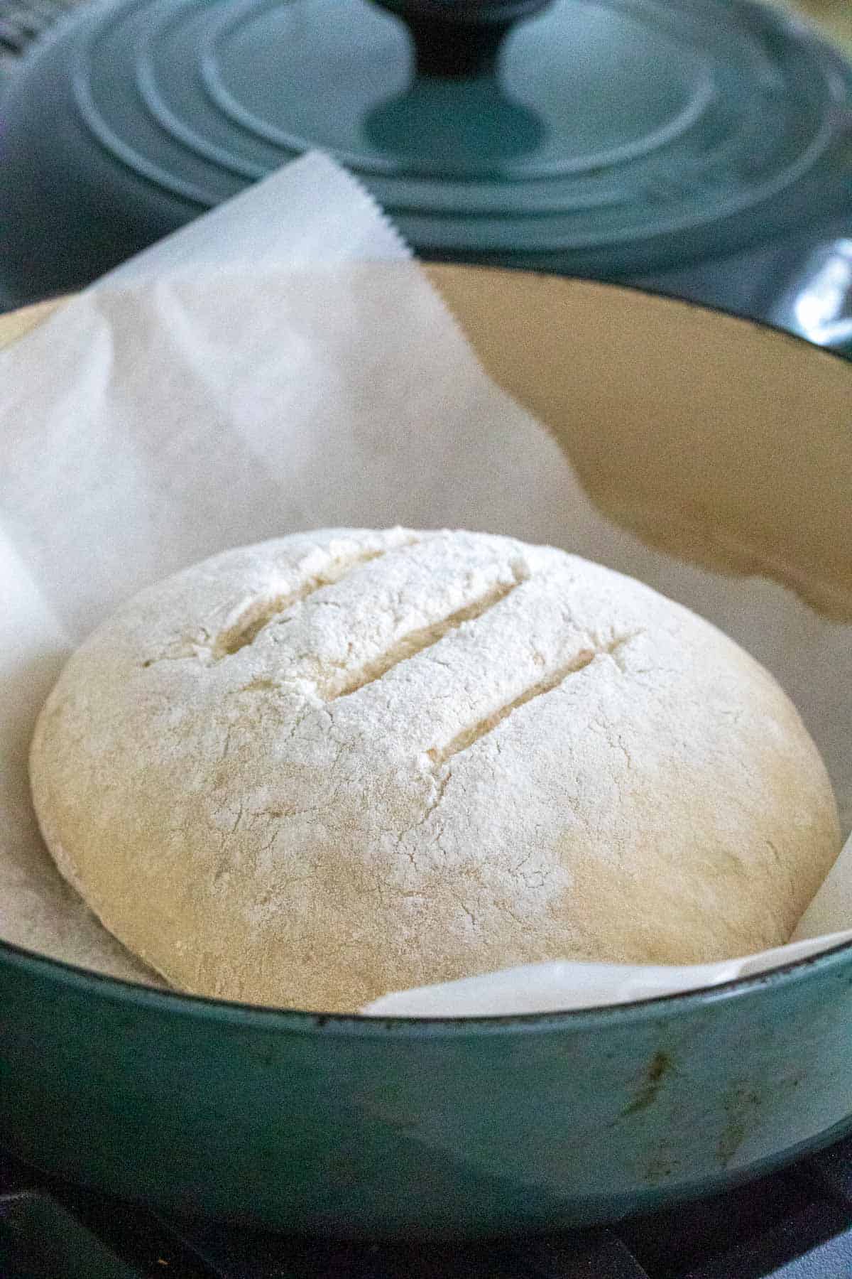 Scored bread dough on parchment paper in a Dutch oven.