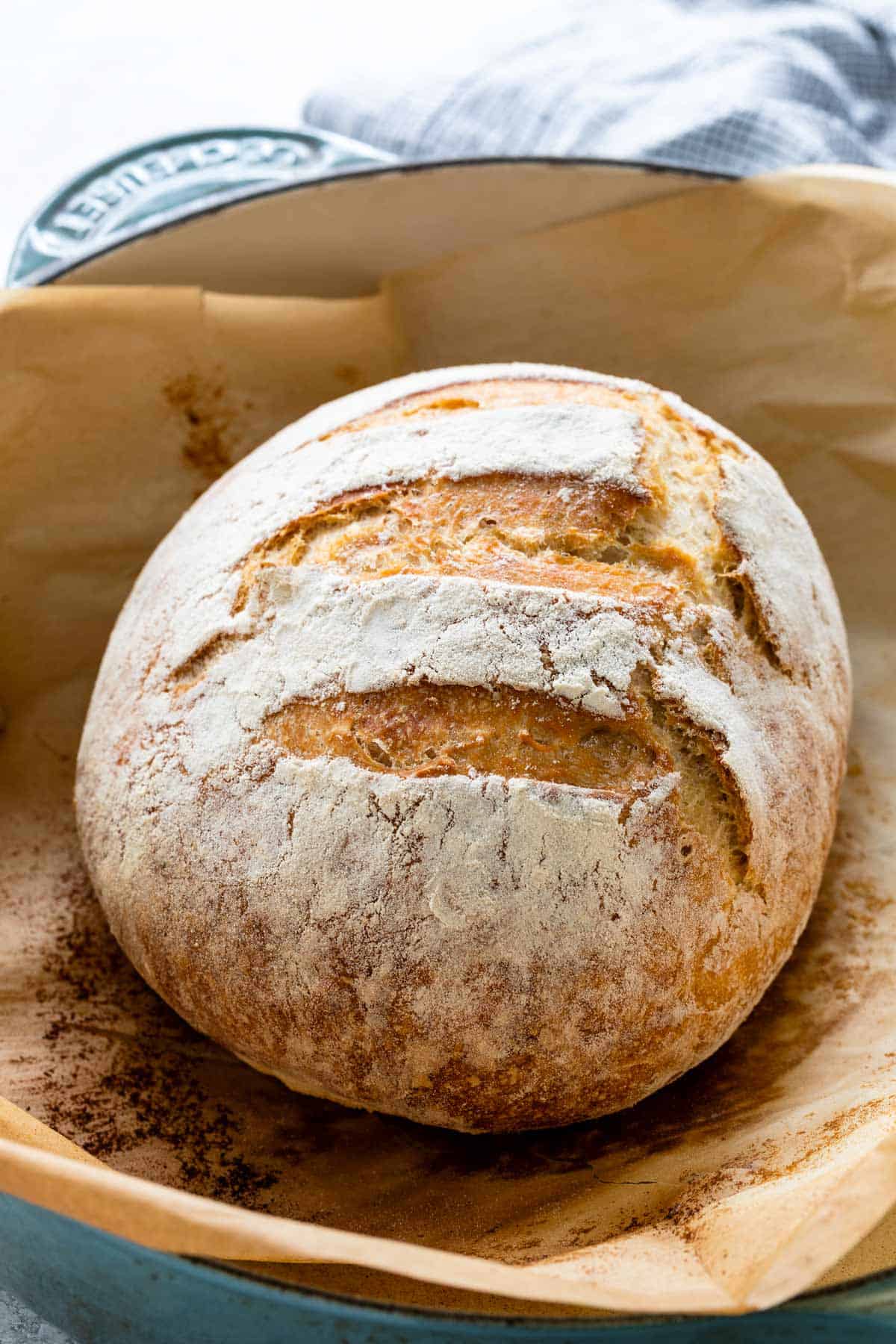 Crusty no-knead bread baked in a Dutch oven.