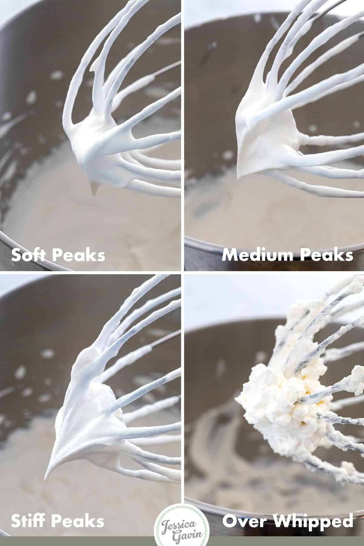 Compilation of four photos showing the different types of whipped cream peaks.